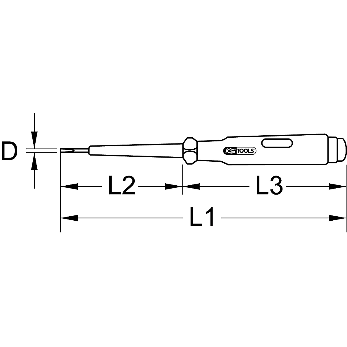 Schwarz-weiß Zeichnung eines Schraubendrehers mit Bemaßungen: D, L1, L2 und L3.